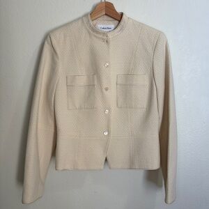 Vintage 80s Calvin Klein Textured Speckled Rope Trim Cotton Blazer - Ivory